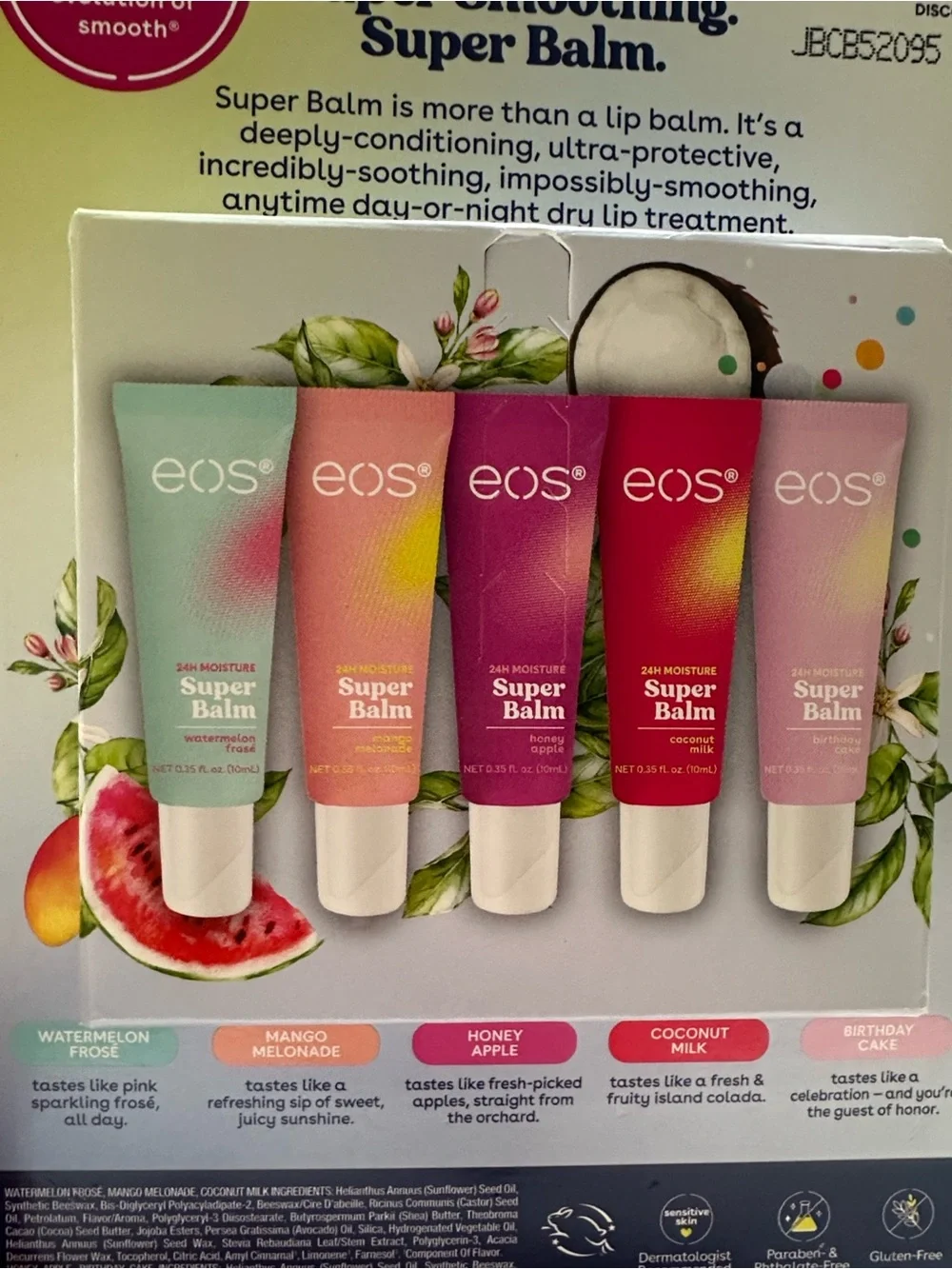 eos Super Balm 5-Pack Lip Tubes - pastel green, peach, yellow, red, light pink